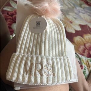 MRS. White Knit Beanie with Pink Pom Pom adult NEW